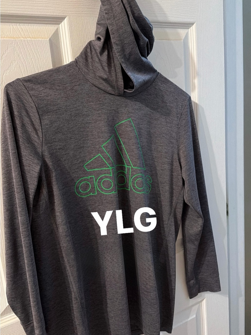 adidas Gray Hooded Long Sleeve Top with Green Logo - Youth L